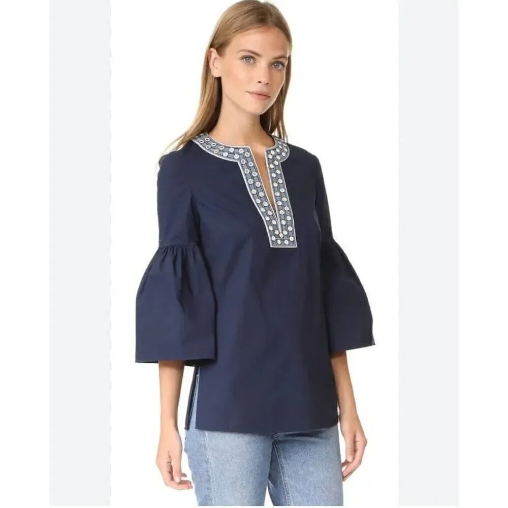 Tory Burch Ariana Crisp Poplin Mirror Applique Tunic 4 Navy